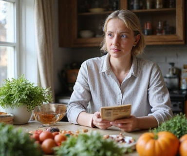 A person studying nutrition labels and planning meals, looking thoughtful and empowered