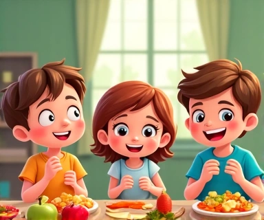 Happy children eating healthy snacks, playful and colorful