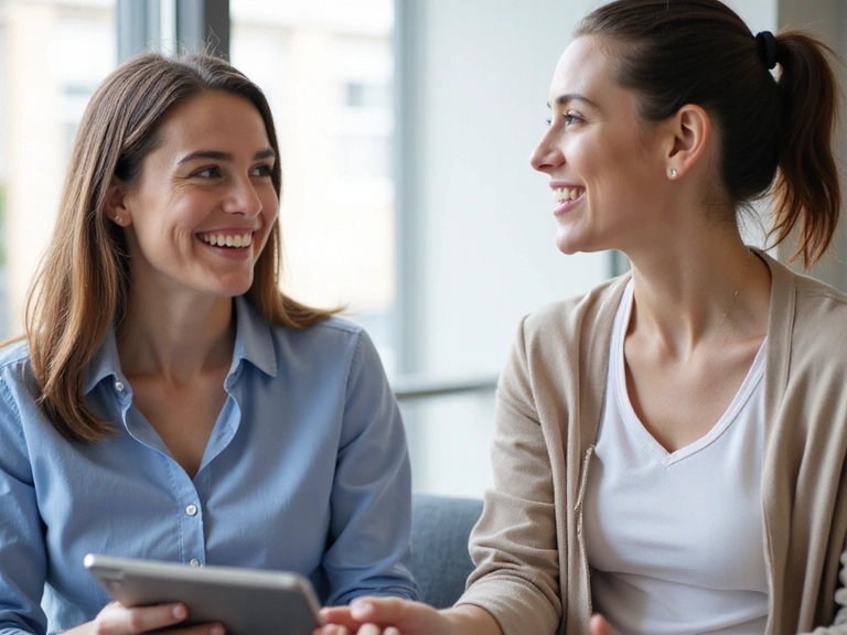 Two people in a consultation setting, friendly and professional