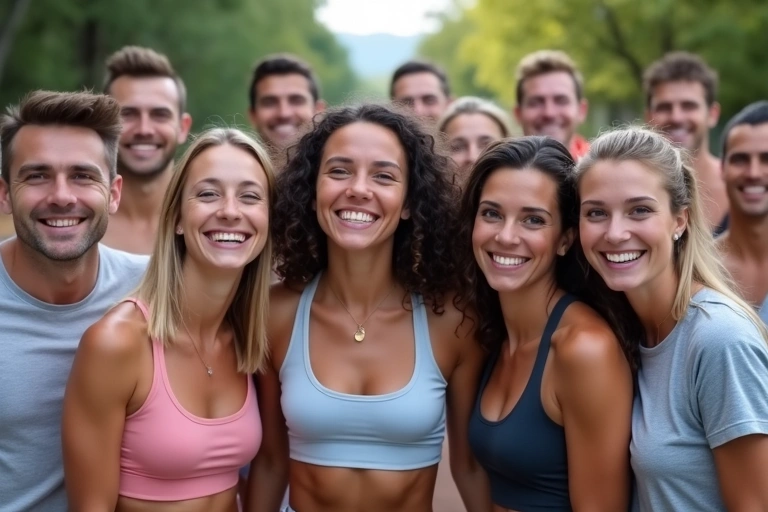 Grupa szczęśliwych ludzi celebrujących sukces fitness, uśmiechniętych i zadowolonych.