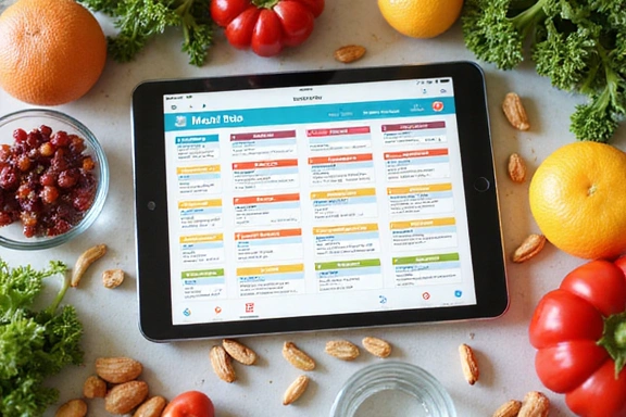 Colorful meal plan on a tablet, healthy food around