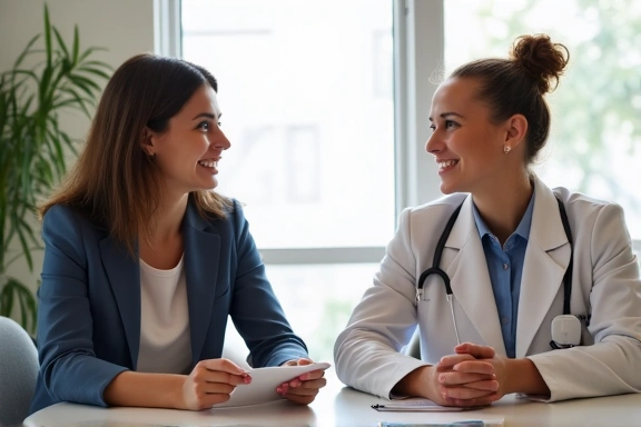Person talking to a nutritionist, friendly and informative