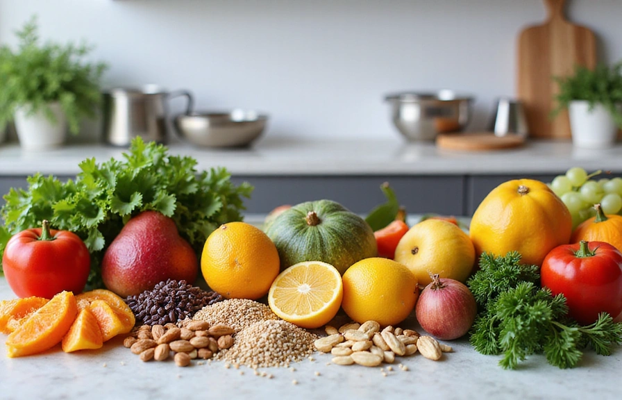 Variety of healthy ingredients and cooking utensils, clean kitchen